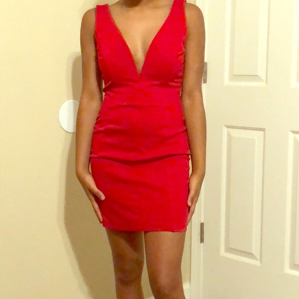 Red deep v neck dress